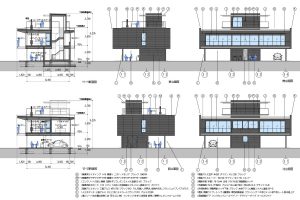 佐倉の高床式別荘　断面図、立面図